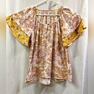 Cato Floral Paisley Mix-Print Flutter Sleeve Blouse in Yellow and Pink